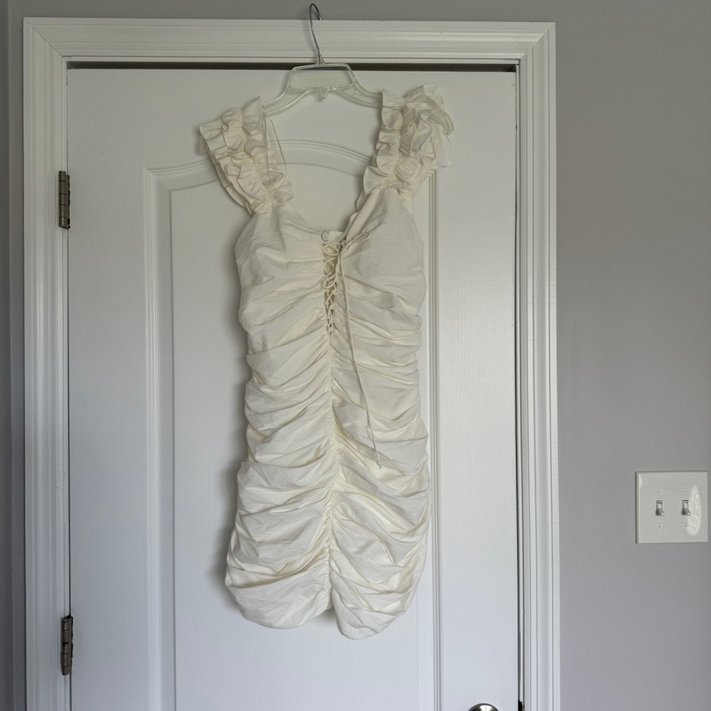 Zara linen blend oyster white draped form flattering dress - Picture 3 of 6